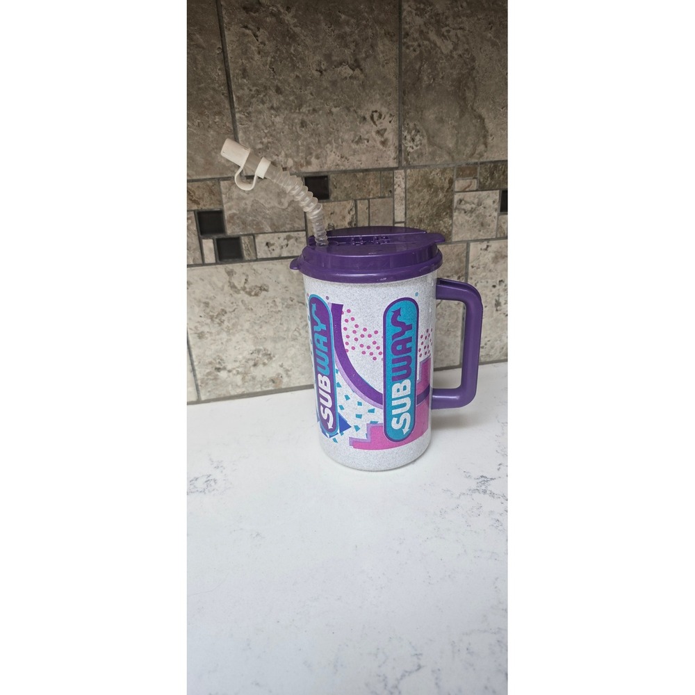 Vintage Subway 32oz Thermo Mug Whirley Industries 90s Retro Purple Teal Splatter